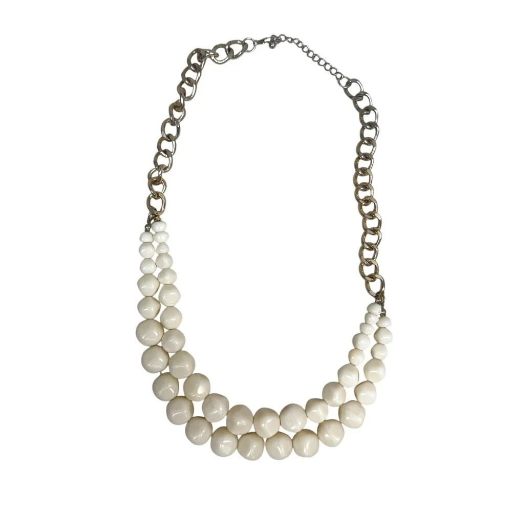 Chunky Bead Chain Gold Tone Statement Necklace Off White Costume Jewelry 21 in